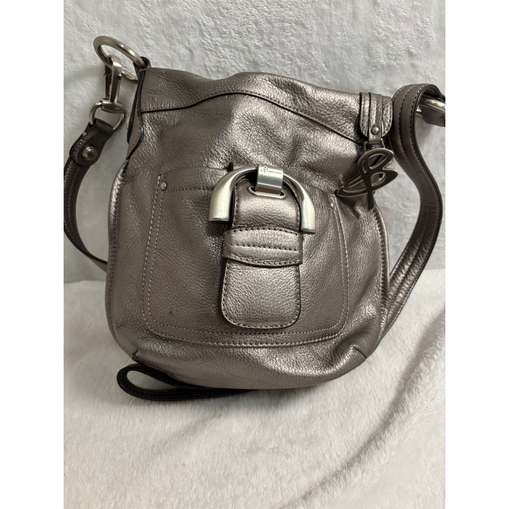 B. Makowsky Metallic Pewter Leather Crossbody Bag Silver Hardware Leopard Lining